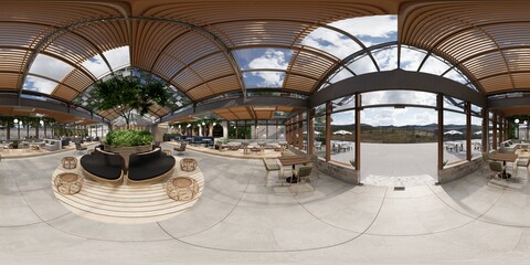 360 panorama VR , 3d rendering of interior modern cafe restaurant. © anon