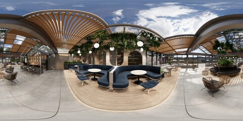360 panorama VR , 3d rendering of interior modern cafe restaurant. © anon