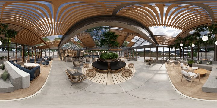 360 panorama VR , 3d rendering of interior modern cafe restaurant.