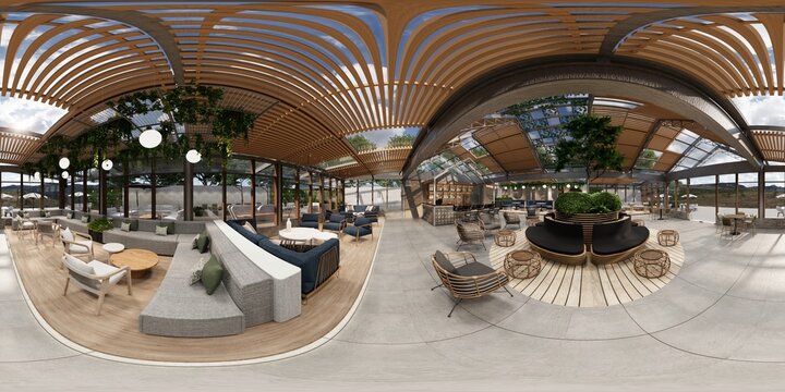 360 panorama VR , 3d rendering of interior modern cafe restaurant.