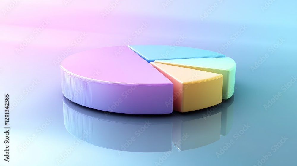 Poster a multi-layered d pie chart in pastel colors, floating above a reflective surface, representing comp