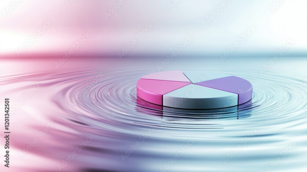 Poster a multi-layered d pie chart in pastel colors, floating above a reflective surface, representing comp