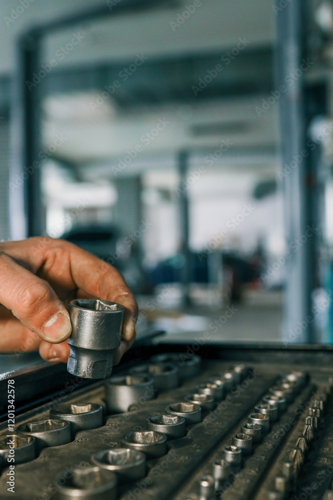 Poster hand selecting a metal socket wrench piece from an organized tool tray in a workshop setting, symbol