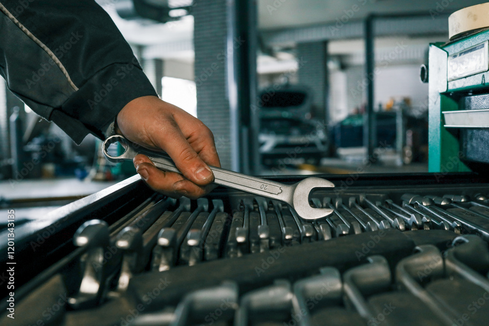 Poster mechanic selecting a wrench from a tool tray in a garage, preparing for vehicle maintenance or repai