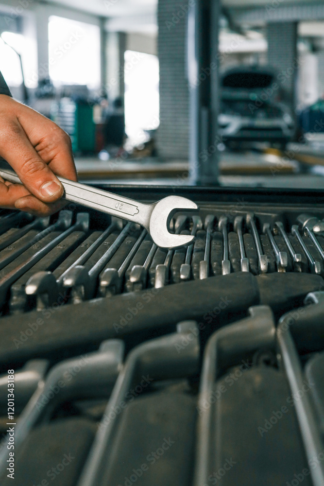 Poster close-up of a mechanic's hand picking wrenches from a well-organized tool tray in a workshop. metal 