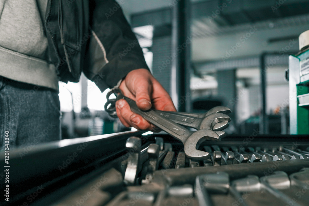 Poster Close-up of a mechanic's hand picking wrenches from a well-organized tool tray in a workshop. Metal wrenches in various sizes, ready for repair tasks