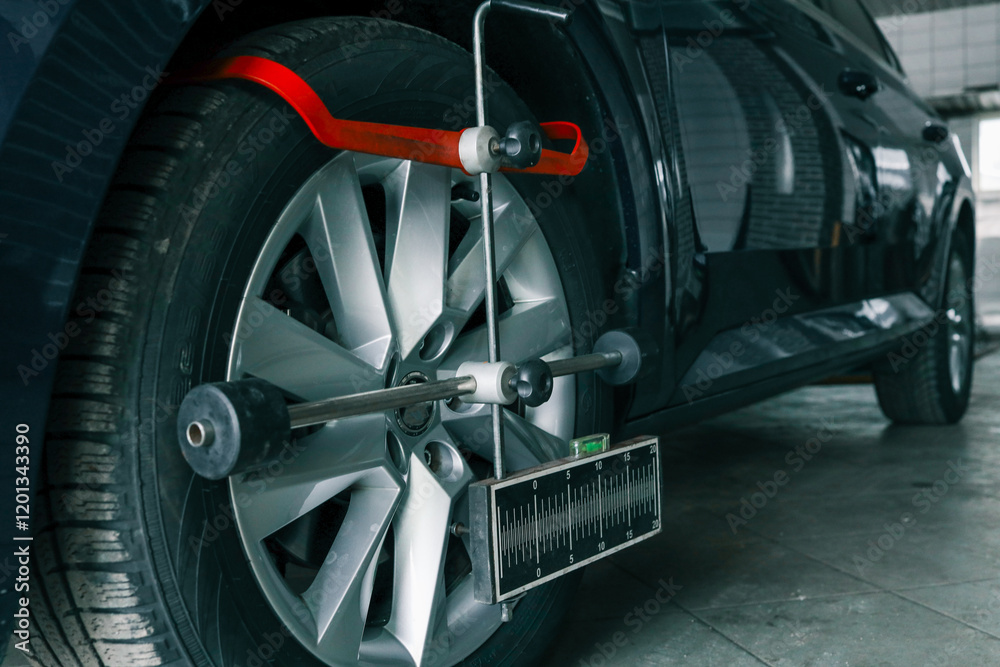 Poster close-up of a car wheel being measured for alignment using professional calibration equipment in an 
