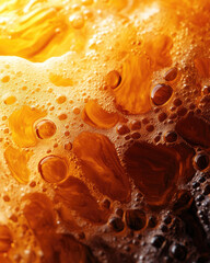 A close-up image showcasing frothy, golden bubbles in a liquid, likely beer, highlighting texture and color variations.