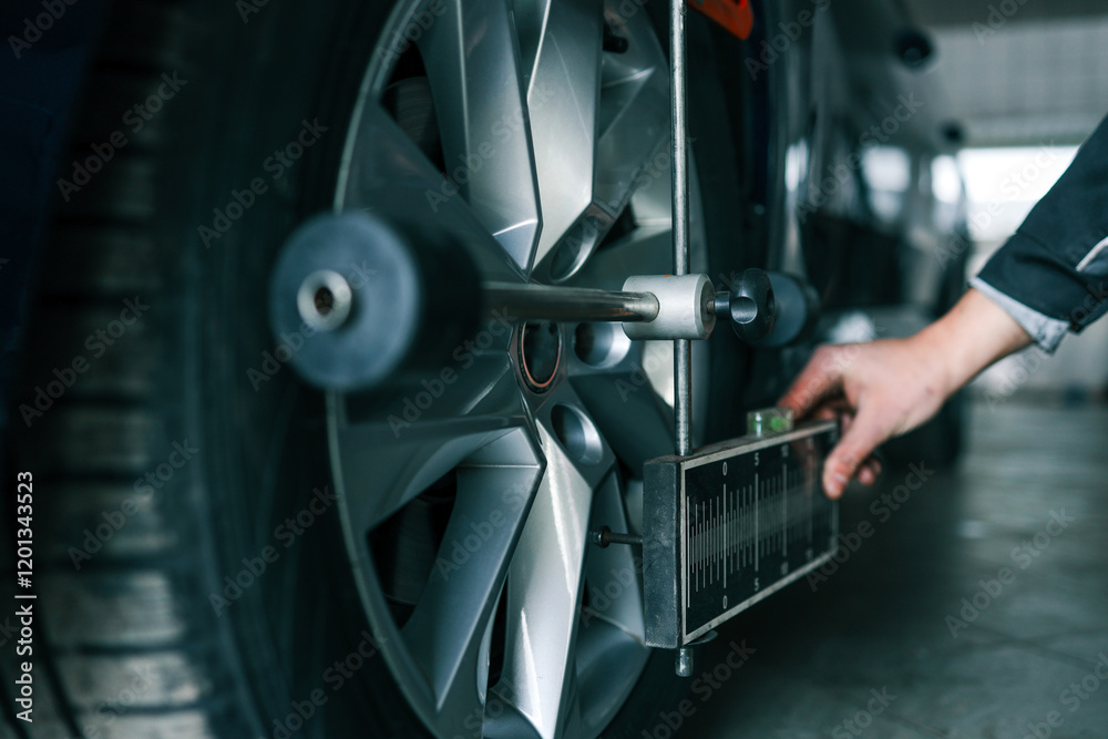 Poster Mechanic adjusting a car's wheel alignment using a professional measuring tool in an auto repair shop. Close-up on the wheel and equipment