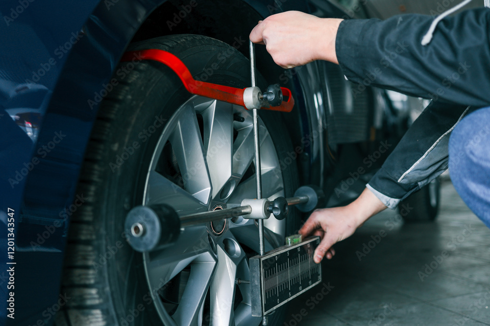 Poster mechanic adjusting a car's wheel alignment using a professional measuring tool in an auto repair sho