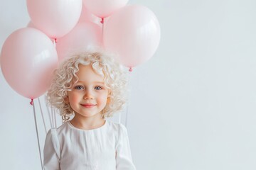 Fototapeta premium Cute albino child girl with pink balloons isolated on white background.