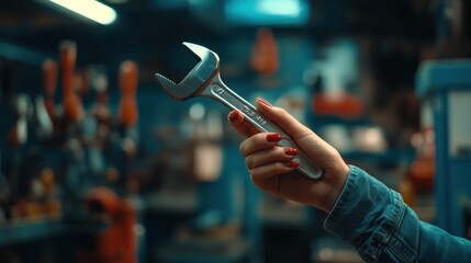 Woman's hand holding adjustable wrench in workshop.