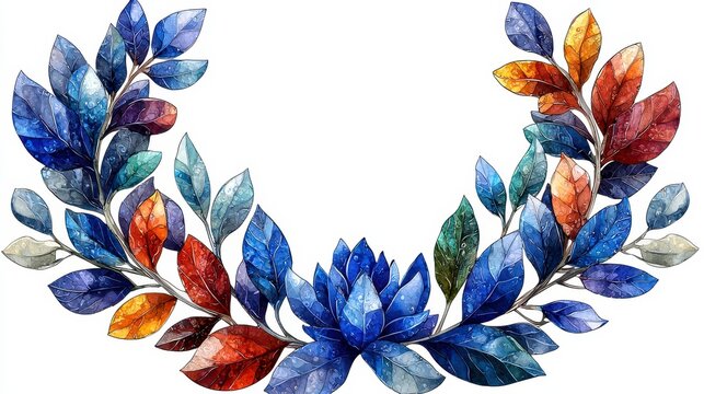 Watercolor floral wreath with blue and red leaves.
