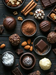 A delightful assortment of chocolates and nuts laid out on a rustic wooden table. Generative AI