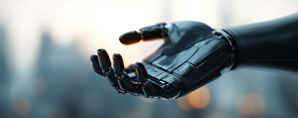 A futuristic robotic hand reaches out, showcasing advanced technology and design against a blurred cityscape background.