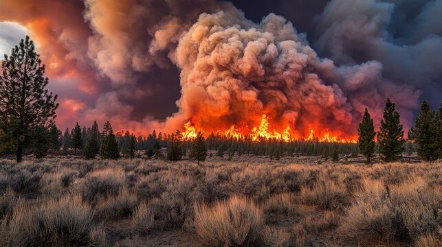 A powerful shot of a fire burning through dry grassland, with flames licking at the sky and thick smoke rising, capturing the urgency and danger of wildfires