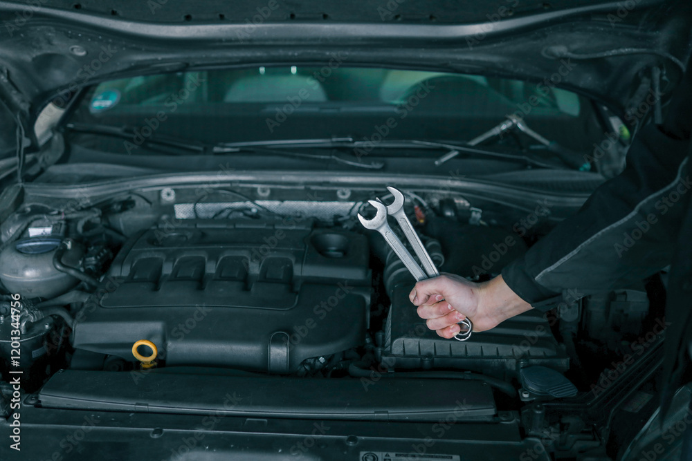 Poster a mechanic's hand holding two wrenches over an open car engine, showcasing tools used for vehicle ma