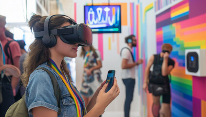 Naklejka premium A young woman uses a VR headset and smartphone, immersed in a colorful, vibrant environment. Others in the background also engage with tech.