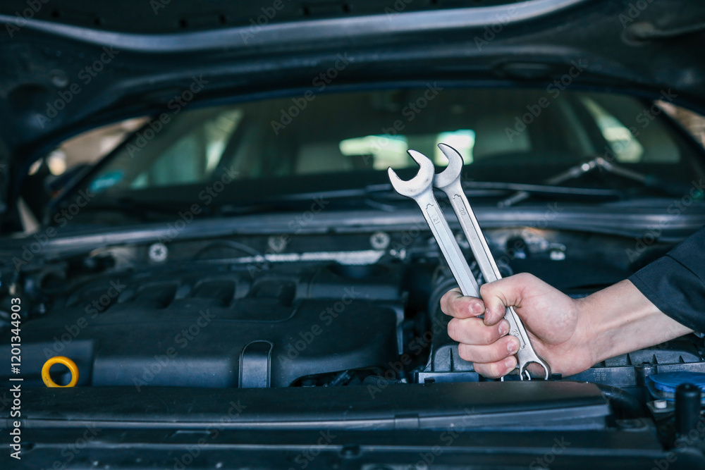 Poster a mechanic's hand holding two wrenches over an open car engine, showcasing tools used for vehicle ma
