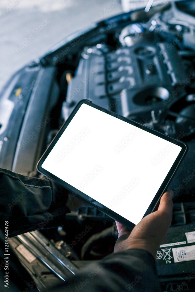 Poster A tablet with a blank screen held by a mechanic above a car engine, symbolizing modern diagnostic tools for vehicle maintenance and repair. The engine is visible in the background