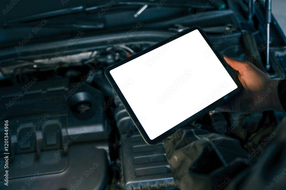 Poster A tablet with a blank screen held by a mechanic above a car engine, symbolizing modern diagnostic tools for vehicle maintenance and repair. The engine is visible in the background