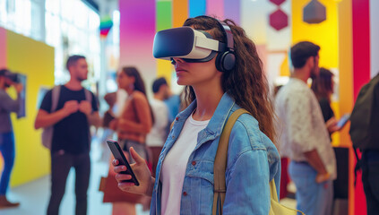 A young woman uses a VR headset and smartphone, immersed in a colorful, vibrant environment. Others in the background also engage with tech.