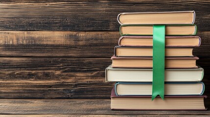 Fototapeta premium Mental health awareness concept. A stack of vintage books with a green bookmark, set against a rustic wooden background.