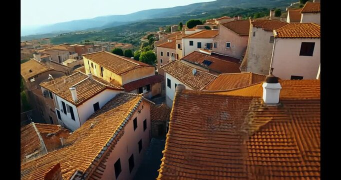 Hilltop village rooftops, sunlit terracotta tiles, scenic landscape background, travel postcard