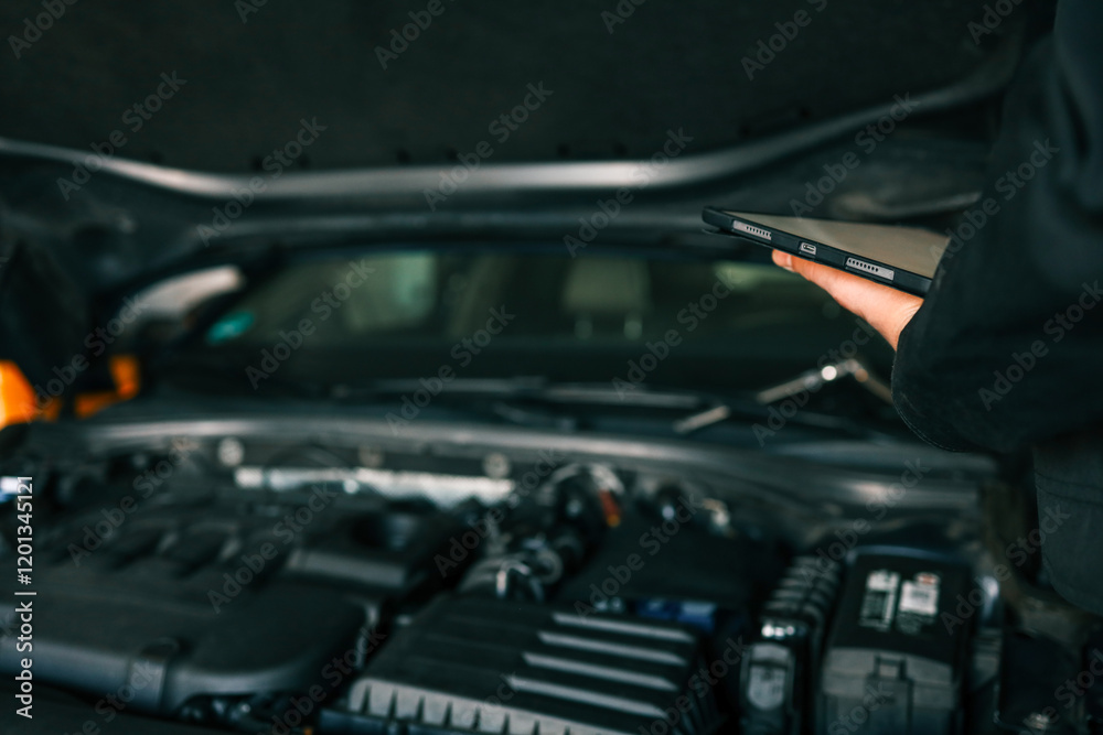 Aufkleber a mechanic holding a tablet while inspecting a car engine in a workshop. the focus is on the integra