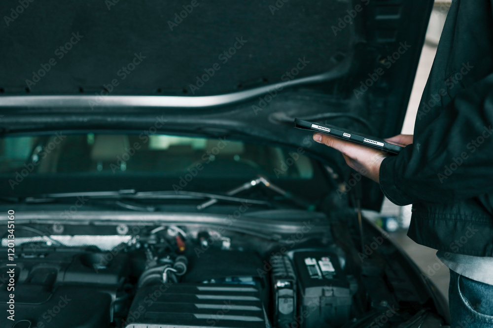Poster a mechanic holding a tablet while inspecting a car engine in a workshop. the focus is on the integra