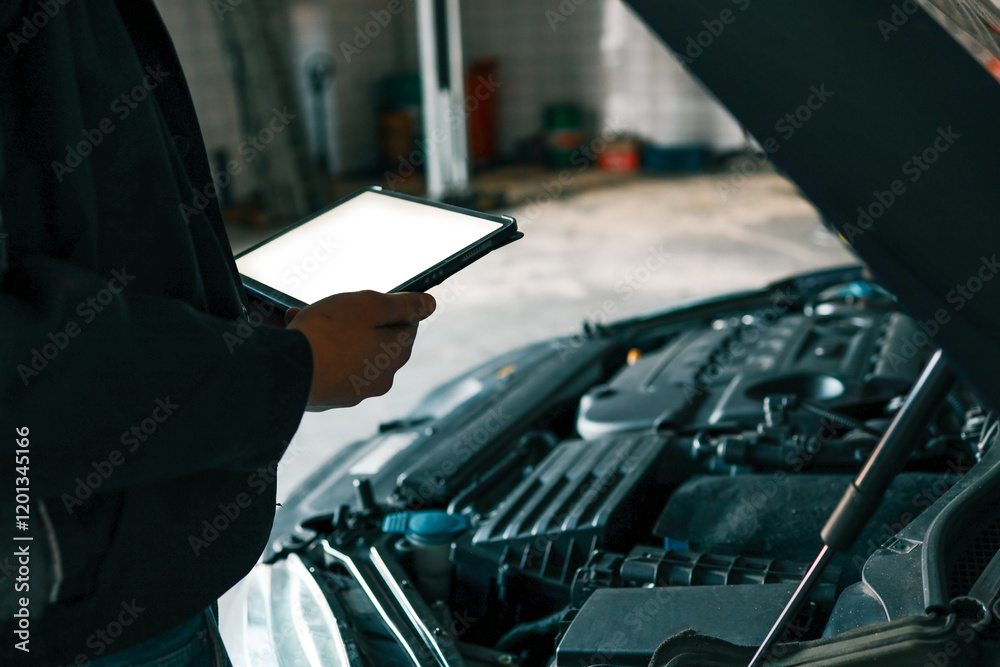 Poster A mechanic holding a tablet while inspecting a car engine in a workshop. The focus is on the integration of modern technology in vehicle diagnostics and repair