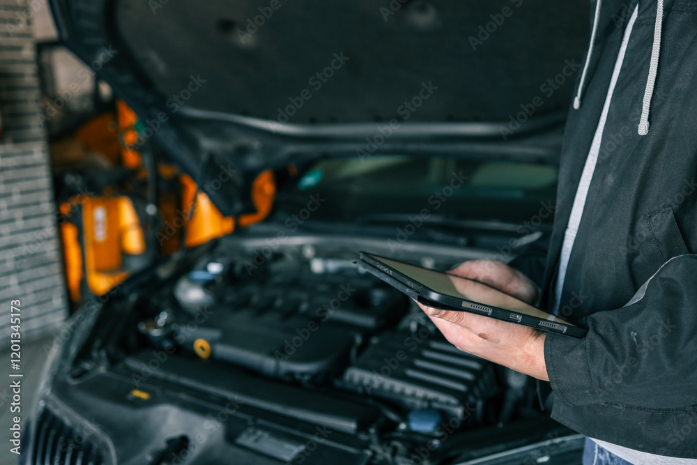 Poster a mechanic holding a tablet while inspecting a car engine in a workshop. the focus is on the integra
