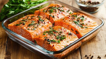 A rustic kitchen scene featuring marinated salmon fillets resting in a glass dish, surrounded by fresh ingredients and herbs, ready for the next cooking step