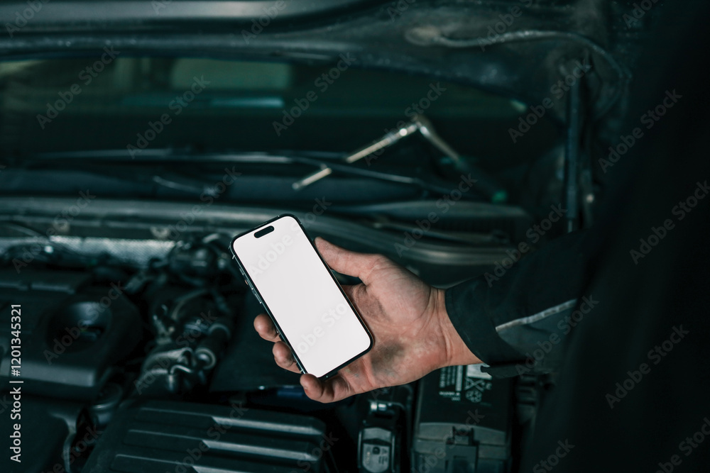 Poster mechanic holding a smartphone with a blank white screen in front of an open car engine for diagnosti