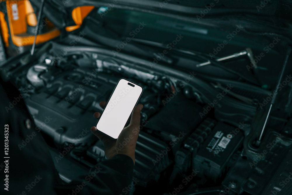 Poster Mechanic holding a smartphone with a blank white screen in front of an open car engine for diagnostics or maintenance. Indoor workshop setting