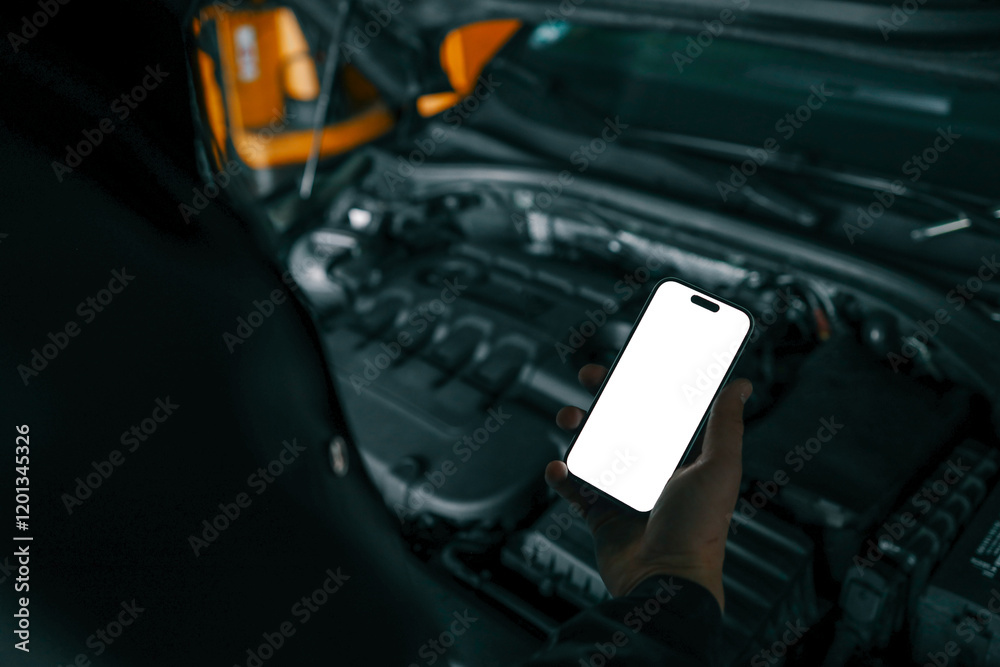 Poster Mechanic holding a smartphone with a blank white screen in front of an open car engine for diagnostics or maintenance. Indoor workshop setting