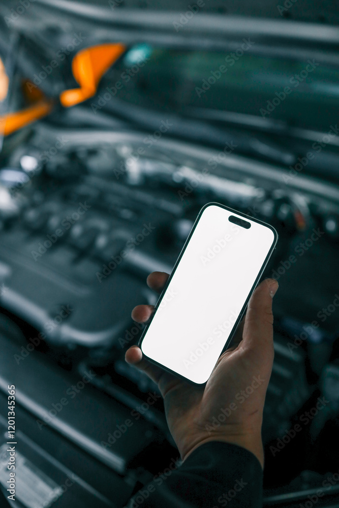 Poster Mechanic holding a smartphone with a blank white screen in front of an open car engine for diagnostics or maintenance. Indoor workshop setting