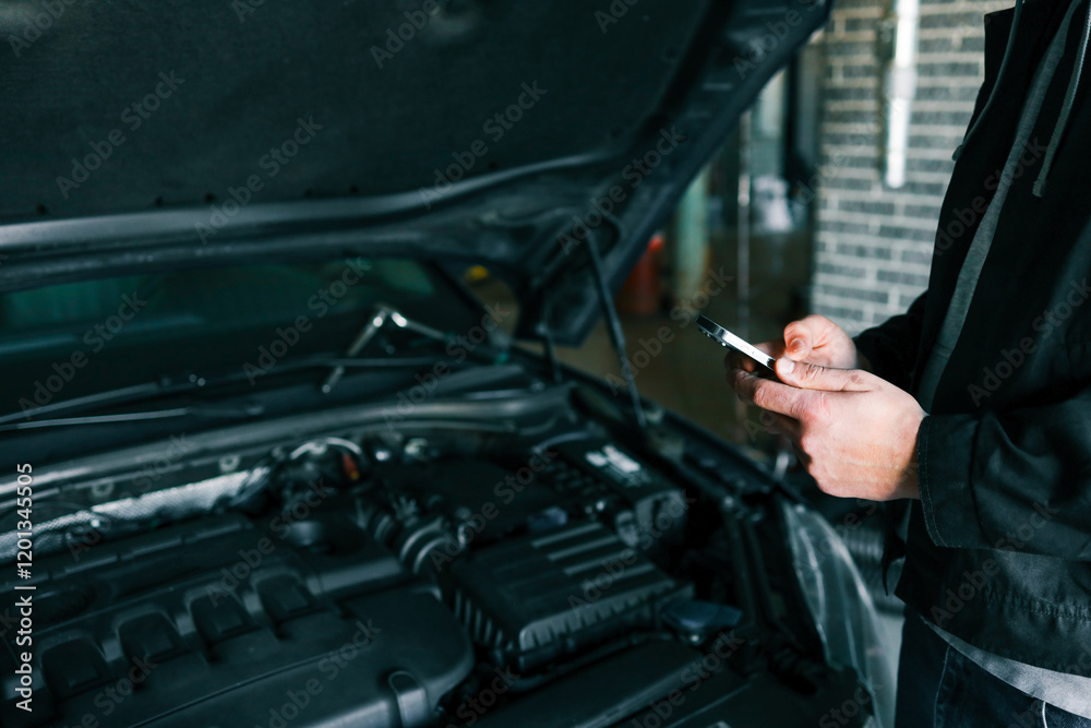 Poster mechanic using a smartphone while inspecting an engine under the open hood of a car in a professiona