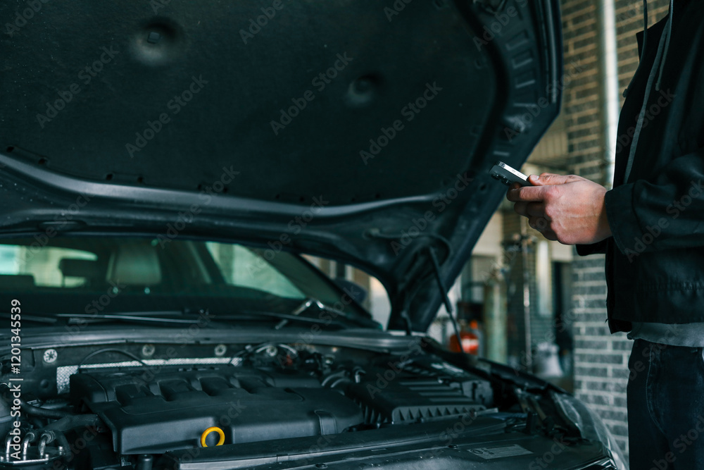Aufkleber Mechanic using a smartphone while inspecting an engine under the open hood of a car in a professional garage. Modern technology in automotive diagnostics and repair