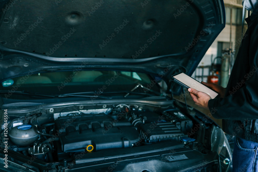Poster A mechanic holding a tablet while inspecting a car engine in a workshop. The focus is on the integration of modern technology in vehicle diagnostics and repair