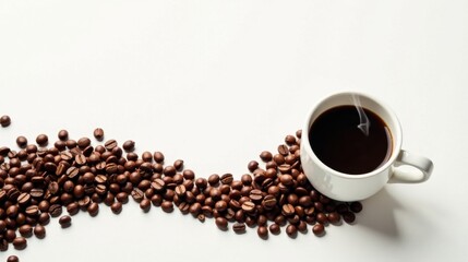 Naklejka premium Aromatic Coffee Beans and a Steaming Cup of Dark Brew on a Clean White Background
