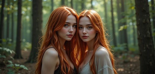 Stunning twins with fiery red hair in enchanting forest setting, captivating gaze, ethereal beauty, mystical atmosphere, nature's embrace, sisters, magical woodland, fairytale scene, redheads
