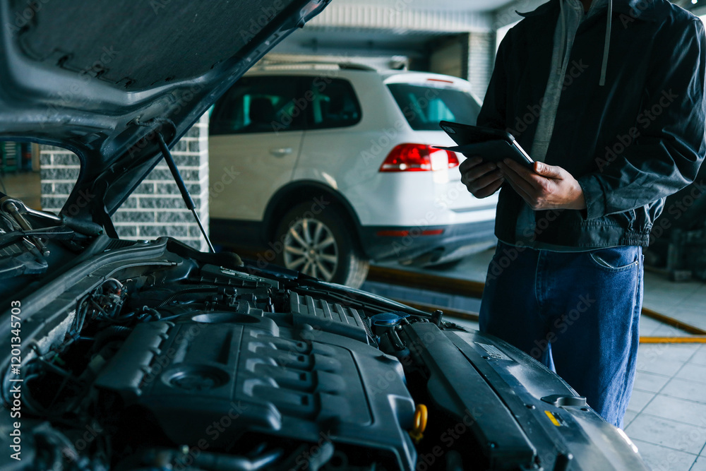 Poster a mechanic holding a tablet while inspecting a car engine in a workshop. the focus is on the integra