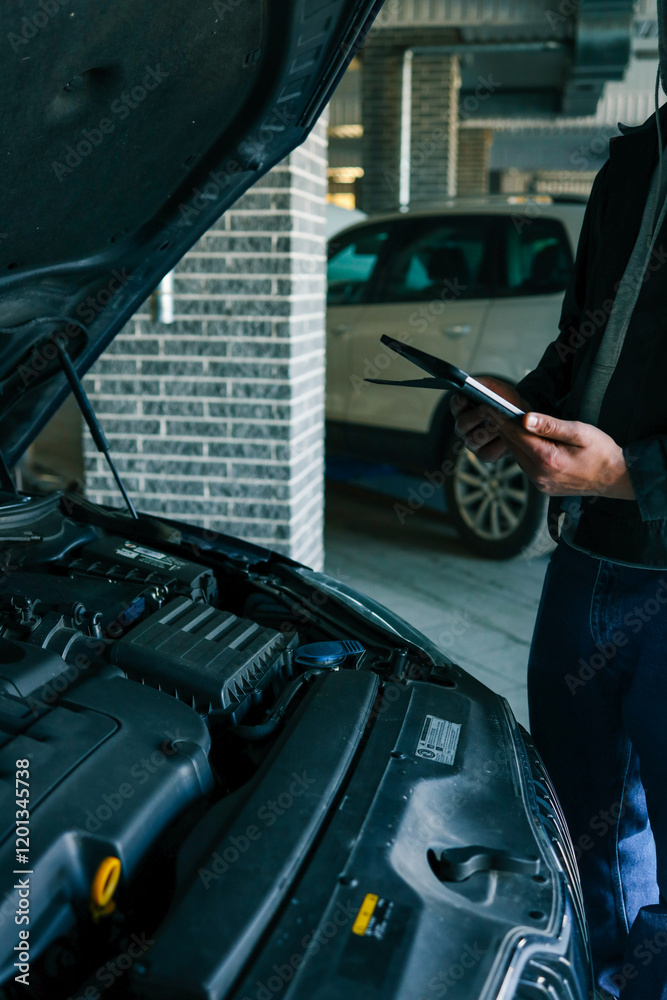 Poster mechanic standing near an open car hood with a tablet, conducting vehicle diagnostics in a professio