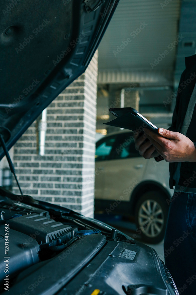 Poster a mechanic holding a tablet while inspecting a car engine in a workshop. the focus is on the integra