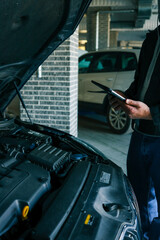 Mechanic standing near an open car hood with a tablet, conducting vehicle diagnostics in a...