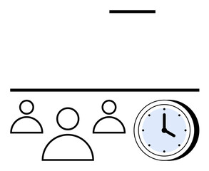 Minimalist design showing three outlined human figures, a large clock, and straight horizontal lines. Ideal for teamwork, scheduling, productivity, planning, time tracking, meetings and deadlines