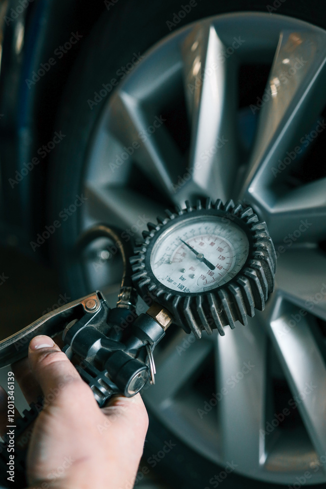 Poster A mechanic checks tire pressure with a gauge during routine car maintenance in a garage. Focus on the wheel and the instrument ensuring optimal vehicle safety and performance