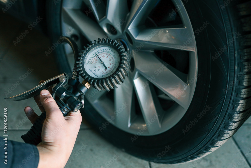 Poster A mechanic checks tire pressure with a gauge during routine car maintenance in a garage. Focus on the wheel and the instrument ensuring optimal vehicle safety and performance