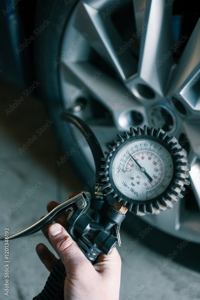 Poster A mechanic checks tire pressure with a gauge during routine car maintenance in a garage. Focus on the wheel and the instrument ensuring optimal vehicle safety and performance